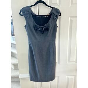 Rebecca Taylor Grey Floral Applique Scoop Neck Puff Cap Sleeve Sheath Dress